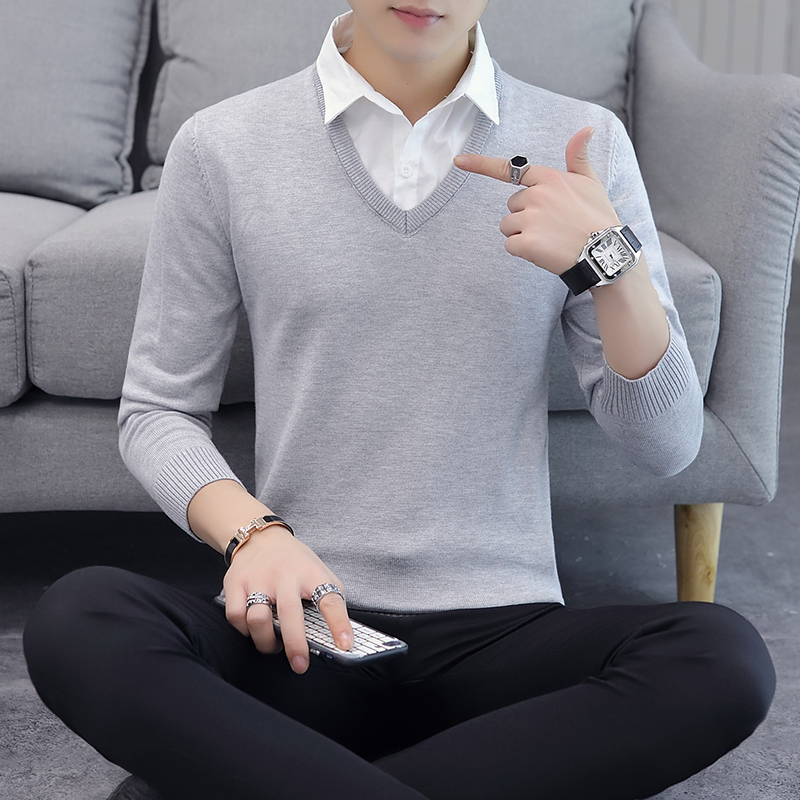 baluoshang秋冬季男士假两件衬衫v领针织毛衣青年修身加绒加厚上衣