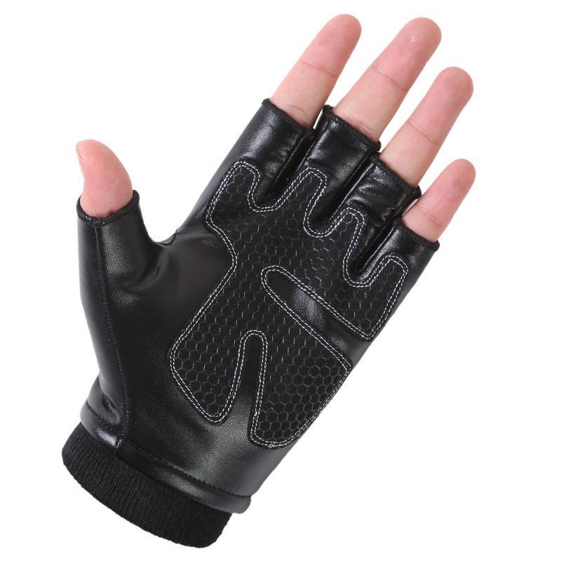 男升级皮绒一体小号均码男士保暖半指手套冬季半截开车防滑水洗皮防水