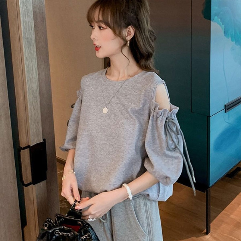 2021夏季女装套装设计感露肩短袖t恤女 休闲裤子女学生韩版宽松_灰色