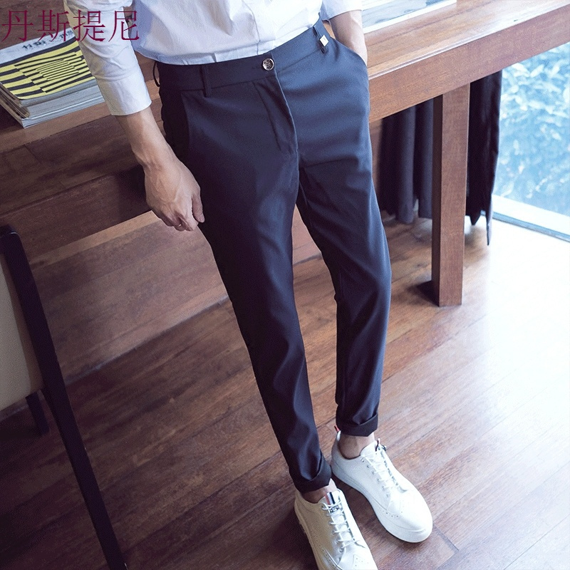 时尚男士休闲裤修身型英伦小脚裤长裤子韩版弹力夏季男土九分裤潮