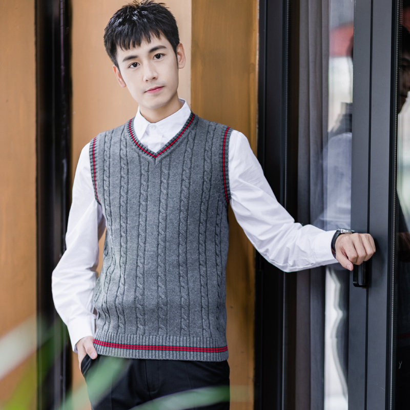 suntek男士马甲 suntek毛衣背心男v领学院风毛线针织马甲男冬季加绒