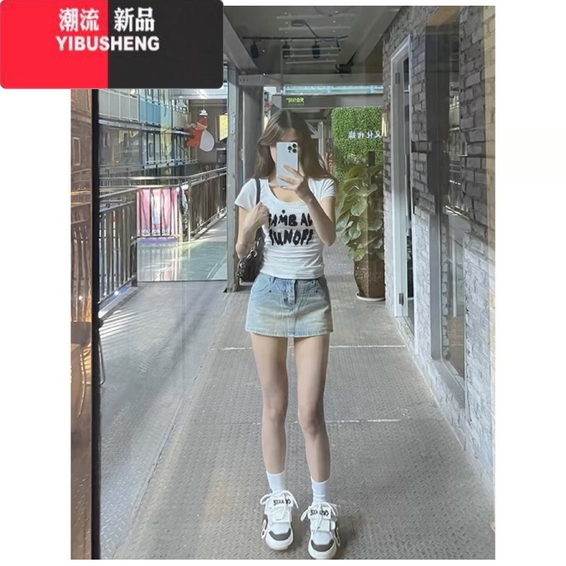 YIBUSHENG小众甜酷字母印花正肩U领短袖T恤女季修身显瘦不露腰短款上衣季高清大图