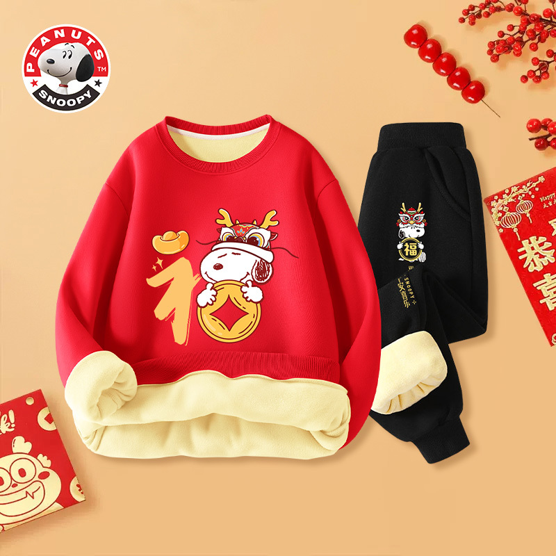 儿童拜年服套装加绒加厚卫衣裤子龙年图案红色喜庆男女童两件装WAH+NBH