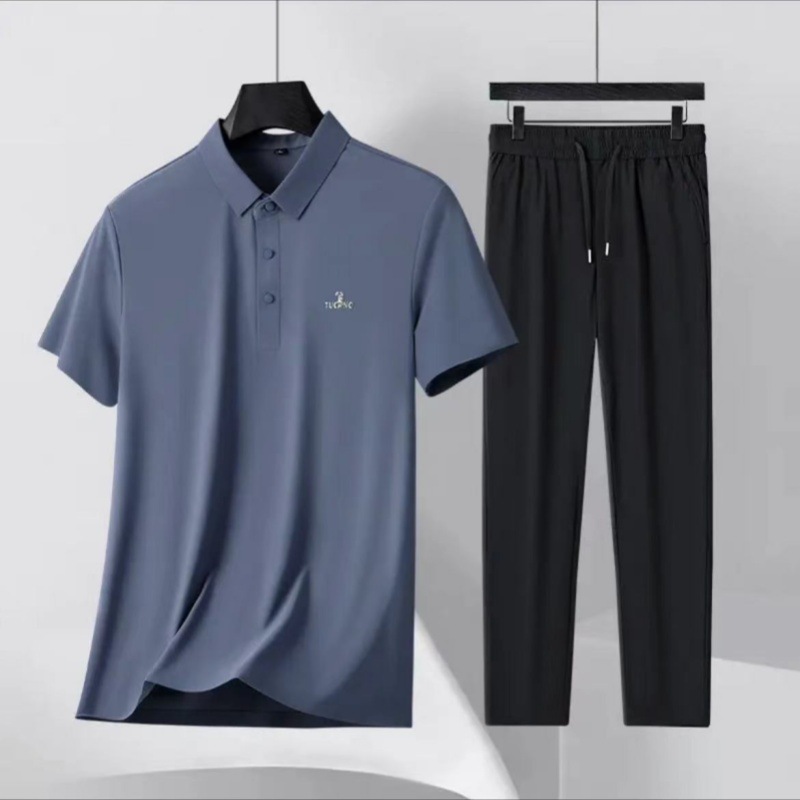 [冰丝套装]中老年商务休闲短袖POLO衫男爸爸装休闲冰丝裤套装
