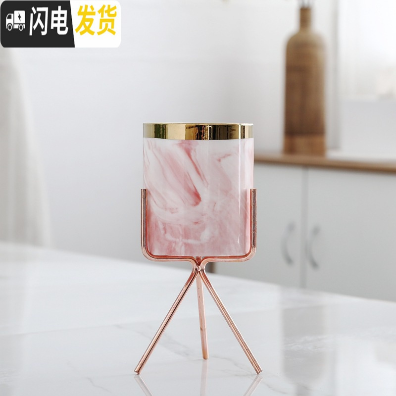 三维工匠ins北欧小清新多肉陶瓷小花盆创意个性室内好看铁艺简约客厅摆件 金边粉盆+金属架 中花盆容器