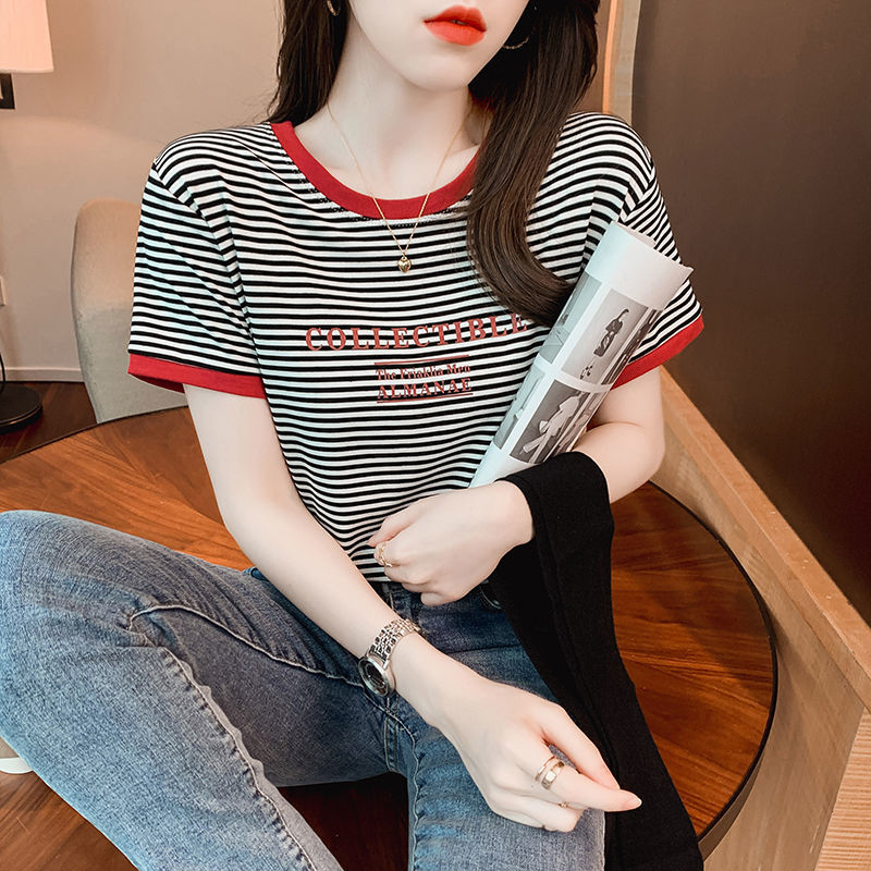 条纹T恤女2021夏季新款韩版宽松显瘦圆领短袖女上衣潮高清大图