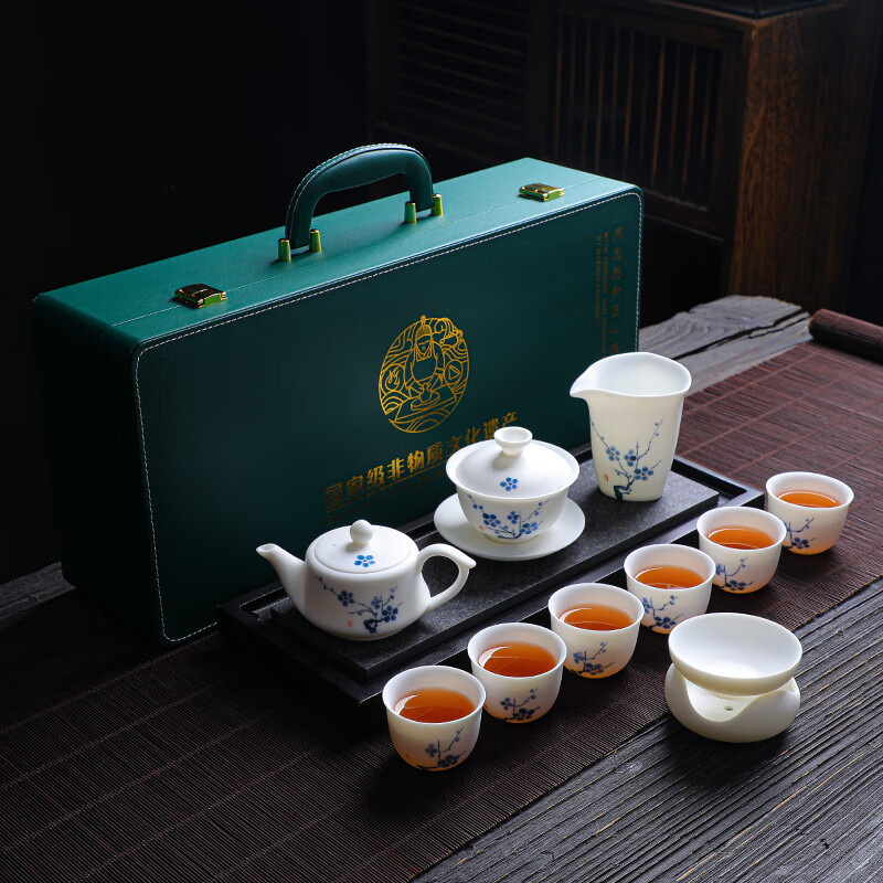 拓牌 11头素烧手绘羊脂玉瓷-五福梅花 轻奢茶具套装茶壶/茶杯整套茶具+彩盒包装