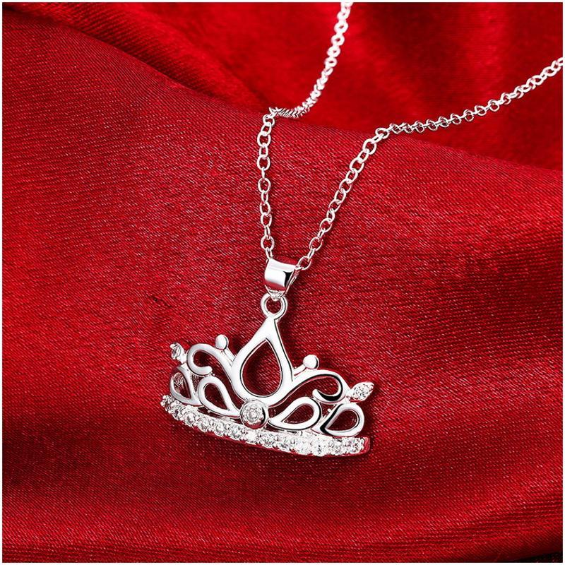 N853 Women Silver Necklace 镀纯银日韩时尚皇冠女水晶项链坠送女朋友七夕情人节礼物