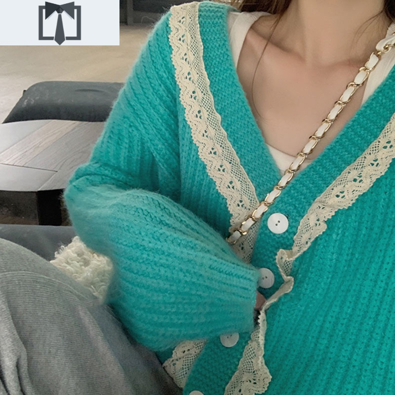 SUNTEK过年新年设计感蕾丝边红色毛衣外套女秋冬外穿温柔风针织开衫上衣毛衣