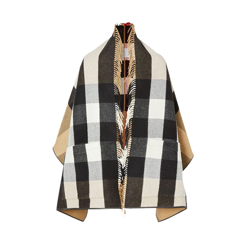 巴宝莉burberry格纹羊毛混纺提花披肩女士外套格纹流苏斗篷8021949
