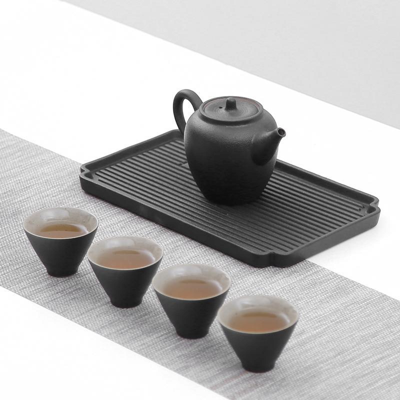 黑陶功夫茶具套装一壶四杯旅行家用简约便携粗陶茶壶茶杯日式茶盘