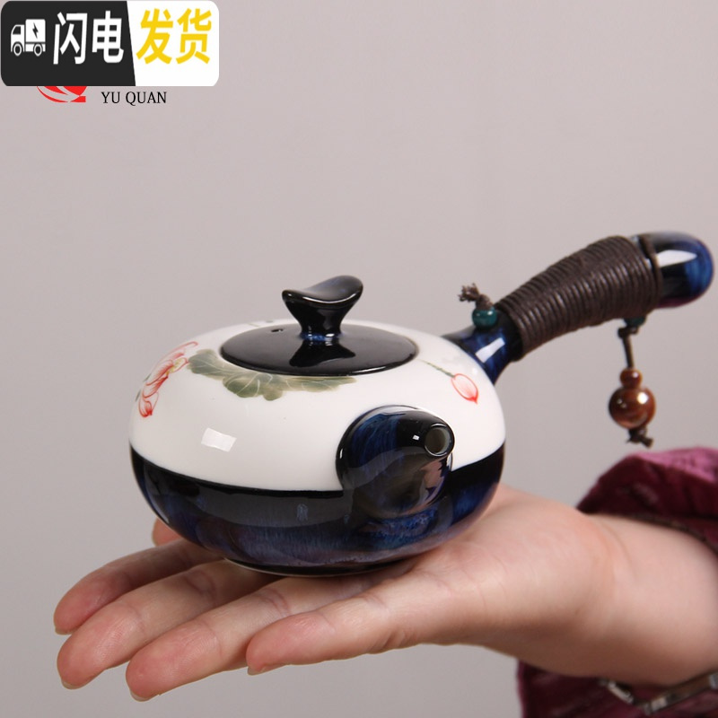 三维工匠 手绘荷花陶瓷茶壶 家用窑变小茶壶单壶 功夫茶具手柄侧把壶 元正墨竹茶壶高清大图