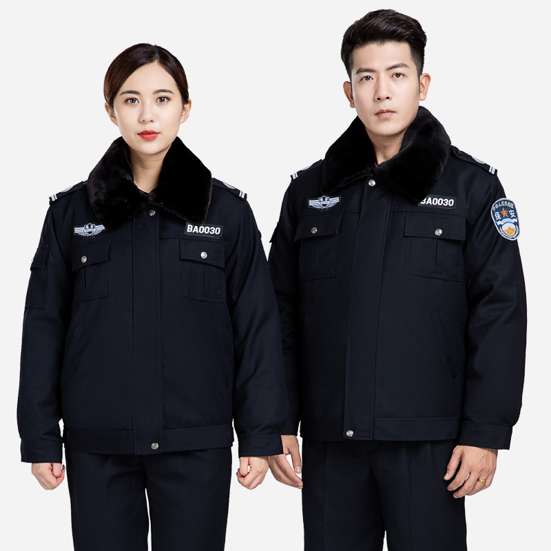 保安服秋冬安保工作服执勤服冬装棉衣小区物业防寒服加厚夹克棉袄-墨绿色-优质（上衣+标志）;175