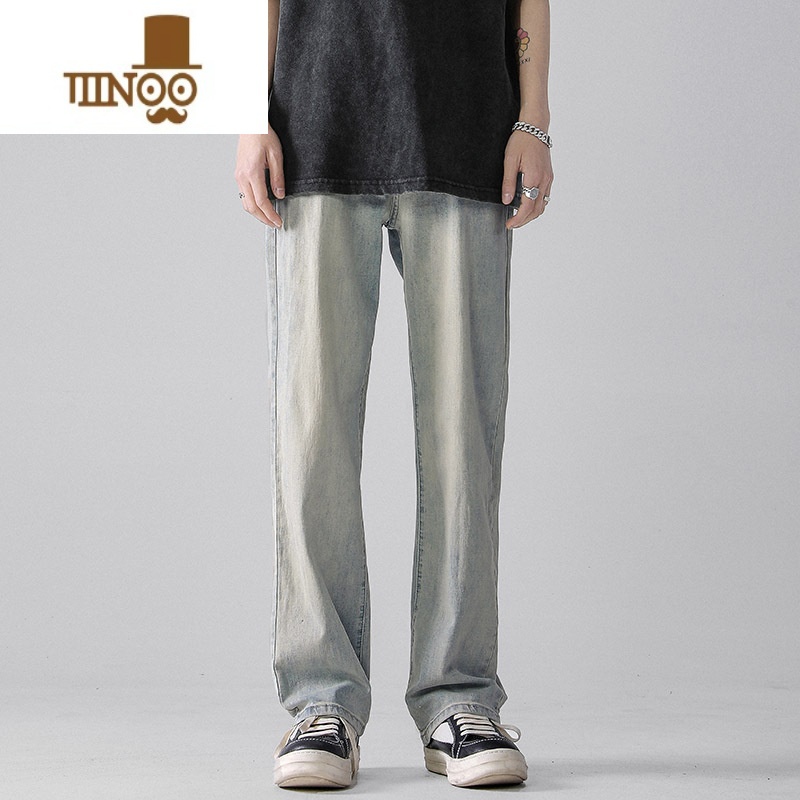 YANXU牛仔裤男秋季复古水洗做旧黄泥染微喇裤高街vibe休闲百搭直筒长喇高清大图