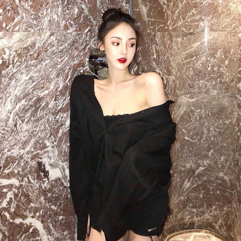 2018秋装新款小心机中长款开衫港风宽松上衣防晒衬衫女送腰带白色送腰带均码