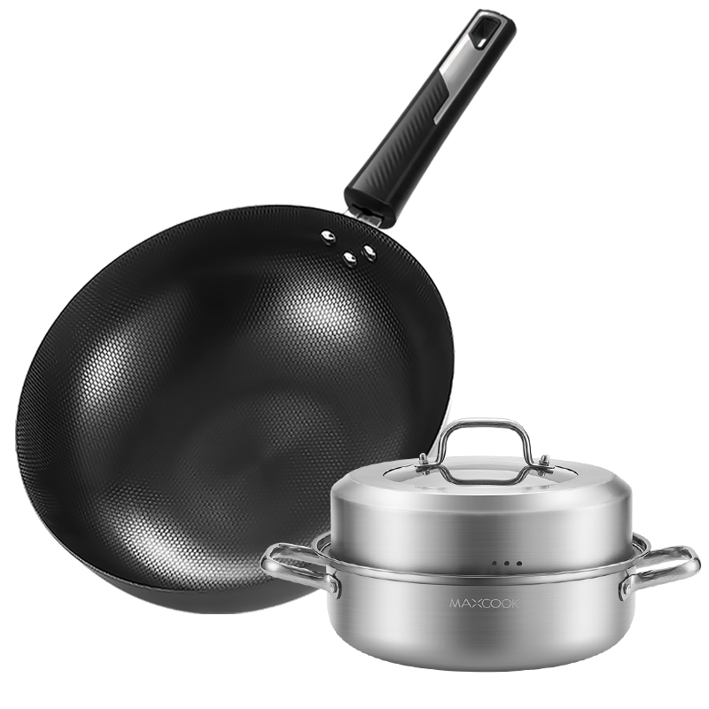 美厨(MAXCOOK)珍珠纹炒锅32cm MCDS-2530 不锈钢蒸汤锅28cm MCDS-2561