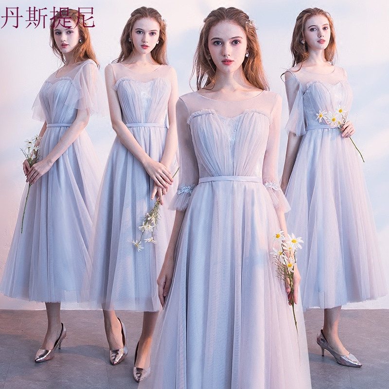 伴娘服2018新款灰色姐妹团伴娘礼服中长款宴会毕业晚礼服显瘦韩版
