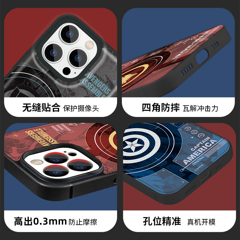 优加漫威正版苹果14手机壳iPhone14promax四角防摔皮革保护套潮牌男款Plus美队黑豹钢铁侠十四pm软壳