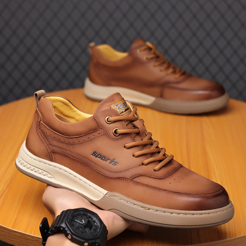 复古做旧真皮板鞋男百搭透气脏脏鞋运动休闲鞋欧洲站ins潮流皮鞋高清大图