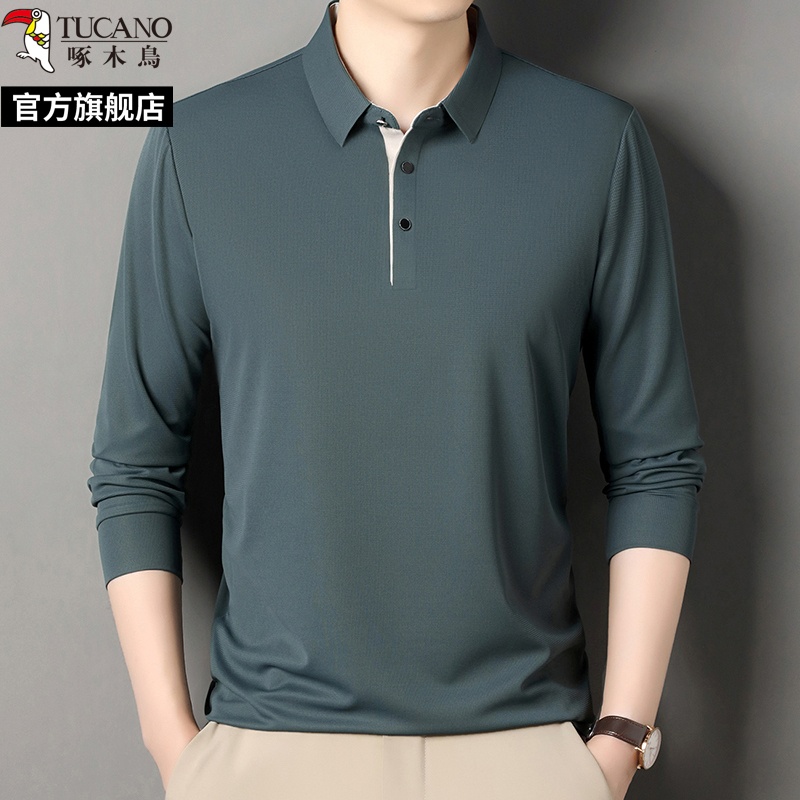 啄木鸟2025春秋季新款商务休闲长袖翻领polo衫男中年爸爸衫爸高清大图