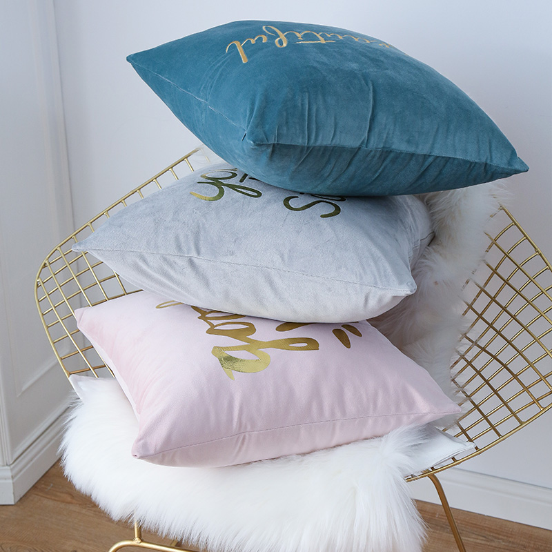 北欧风烫金抱枕ins网红款墨绿色正方形沙发靠枕套宝蓝深蓝色靠垫高清大图