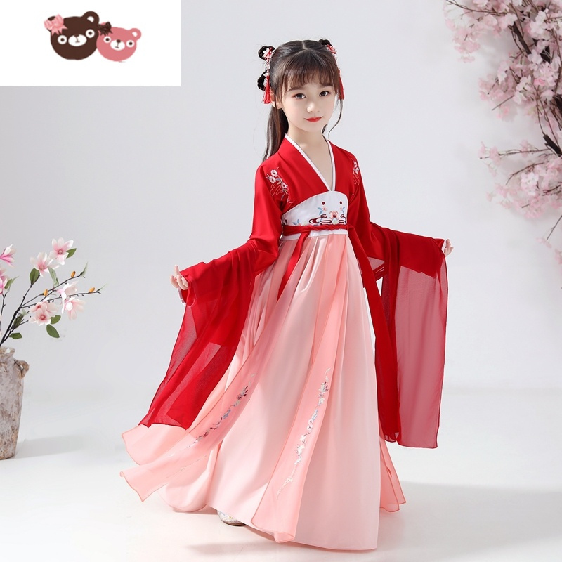 绿彩虹光儿童汉服女童古装超仙女孩飘逸中国风襦裙红色古筝舞蹈演出服