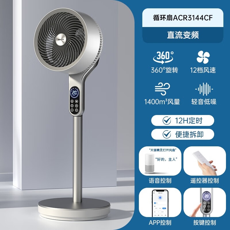 飞利浦(PHILIPS)电风扇落地扇空气循环扇电扇家用智能遥控直流变频摇头扇 ACR3144CF丨12档风速