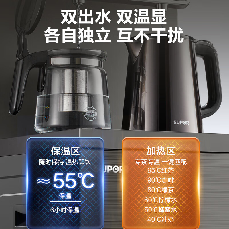 苏泊尔(SUPOR)智能遥控多段智能控温双壶双出水大容量储物柜茶吧机SW-CBJ10[大屏彩显]冷热型ZMD安心系列
