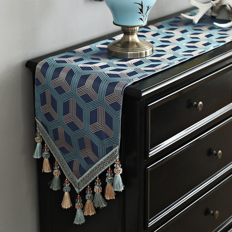 美帮汇欧式餐桌桌旗现代简约茶几桌布茶席电视柜餐边柜长条盖布布艺家用 时盎蓝色 32*240cm高清大图