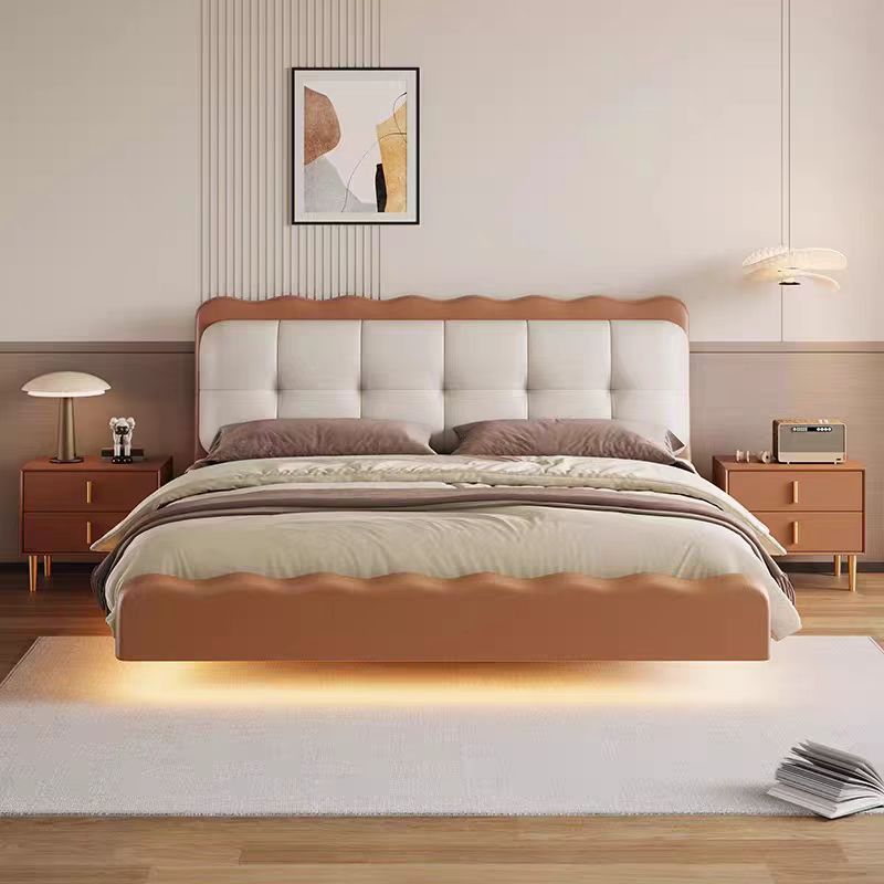 法式复古奶油风主卧室现代简约波浪双人床1.8米家用带灯悬浮床皮艺床