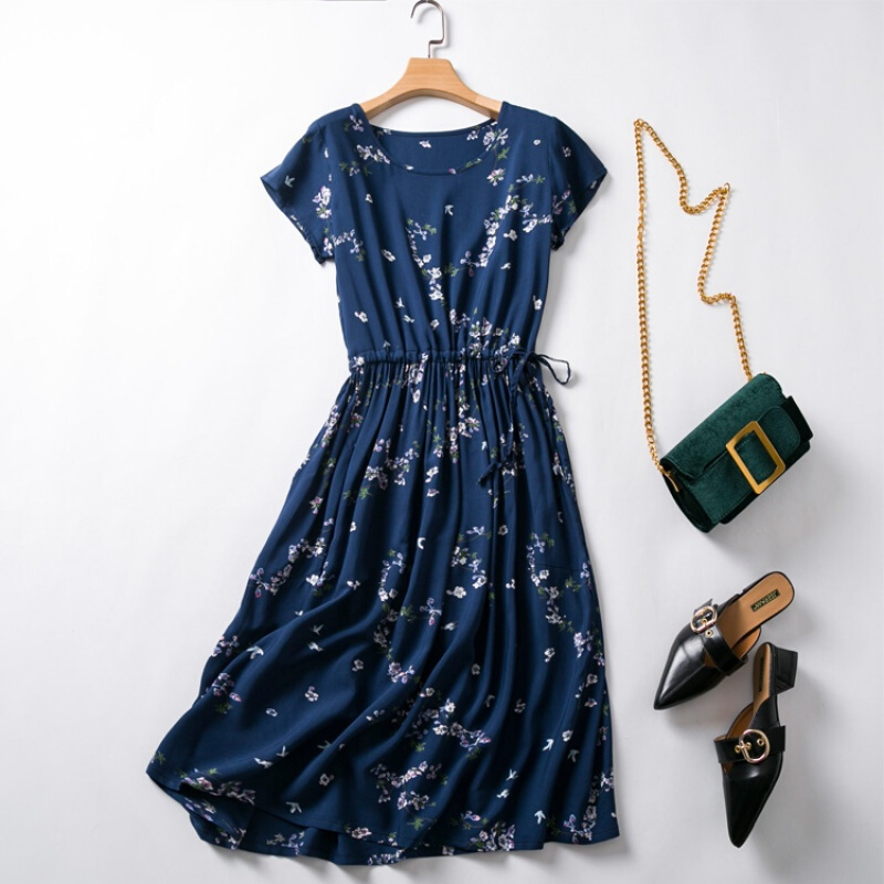 棉绸连衣裙女夏2018新款人造棉修身圆领绵绸裙碎花中长款裙子纯色