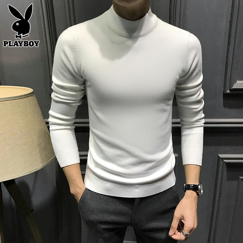 花花公子半高领毛衣男士内搭打底衫线衣春季新款修身纯色针织衫男高清大图