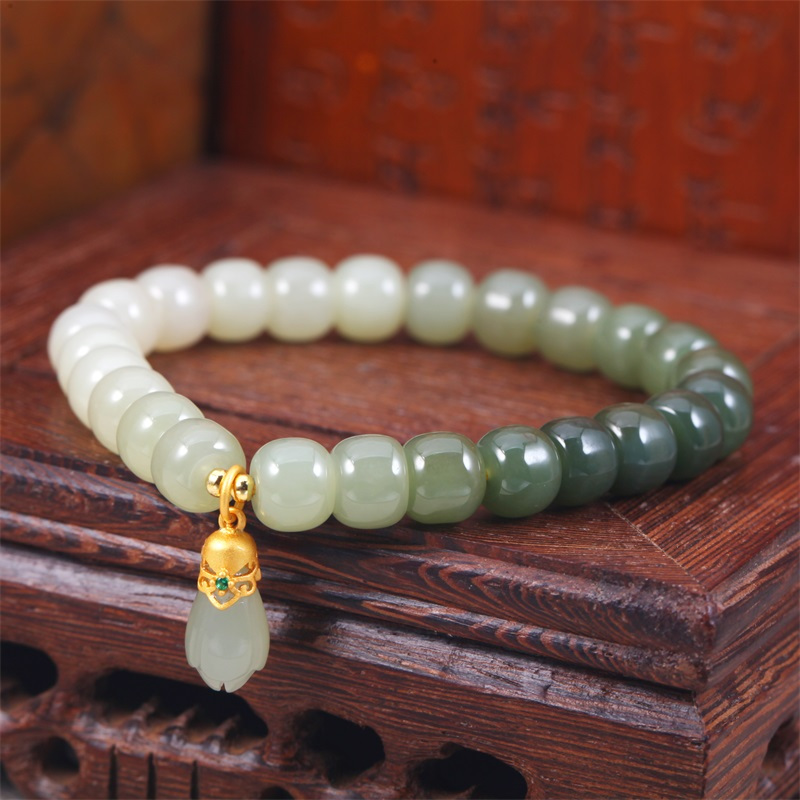 新金珠宝和田白玉兰花s925银渐变和田玉手串链甜美闺蜜礼物