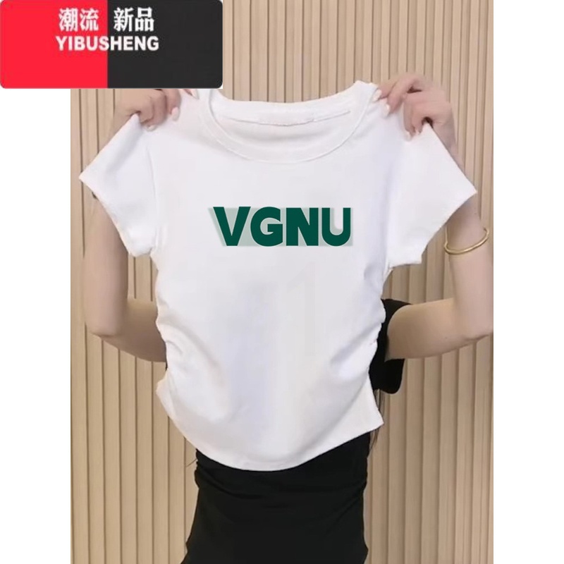 YIBUSHENG黑色短款正肩短袖t恤女季设计感小众修身显瘦体恤上衣2024新款高清大图
