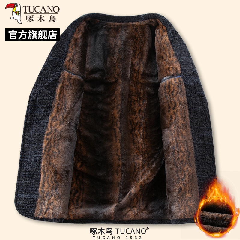 啄木鸟冬季男士加绒加厚呢子西服中年保暖爸爸装单西外套上衣年子高清大图