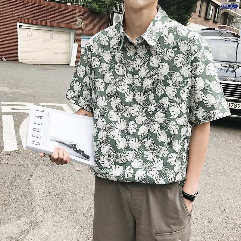 2018夏季夏威夷热带植物印花短袖衬衫潮男旅游复古花衬衣海滩外套