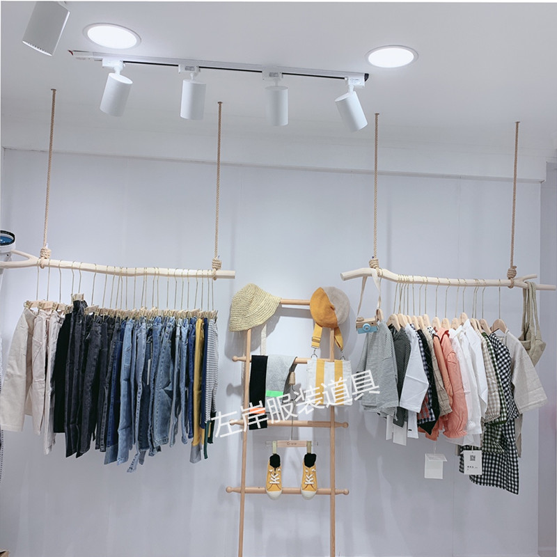 三维工匠服装店树枝展示架男女简约橱窗上墙吊顶悬挂实木棍晾衣架麻绳吊挂晾晒架 三维工 可定制尺寸,如需银色钢丝请联系客服高清大图