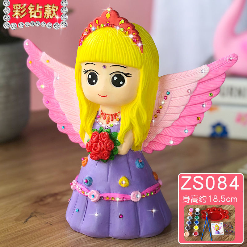 ZS084【彩钻款送颜料】 送颜料+彩钻+盘子+笔刷 高品质送彩钻耐摔石膏娃娃涂色存钱罐儿童 DIY手工彩绘圣诞节元旦