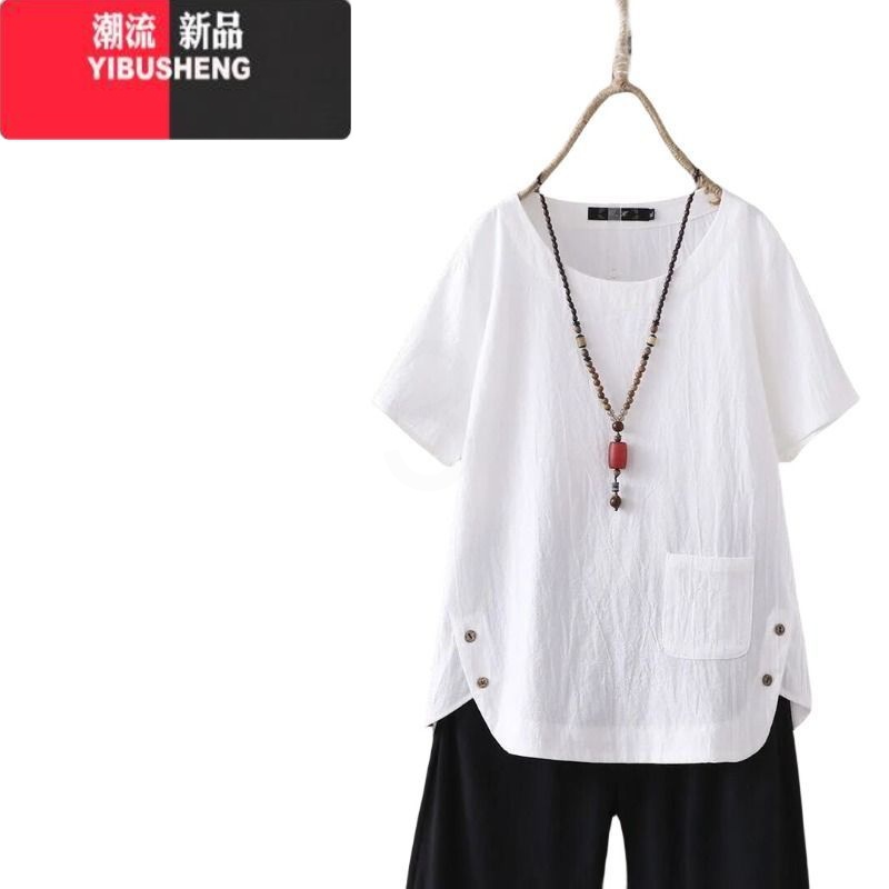 YIBUSHENG棉麻t恤女2024季新款大码洋气宽松复古纯色简约短袖上衣苎麻高清大图