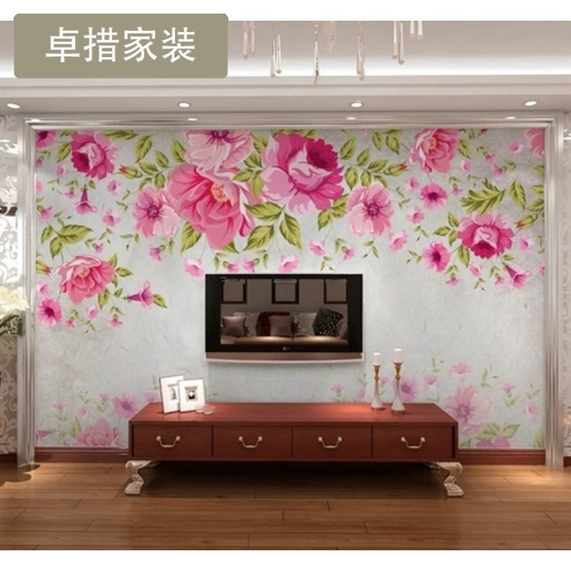 定制 手绘现代中式大型壁画 简约粉色花卉电视背景墙纸卧室客厅壁壹德壹