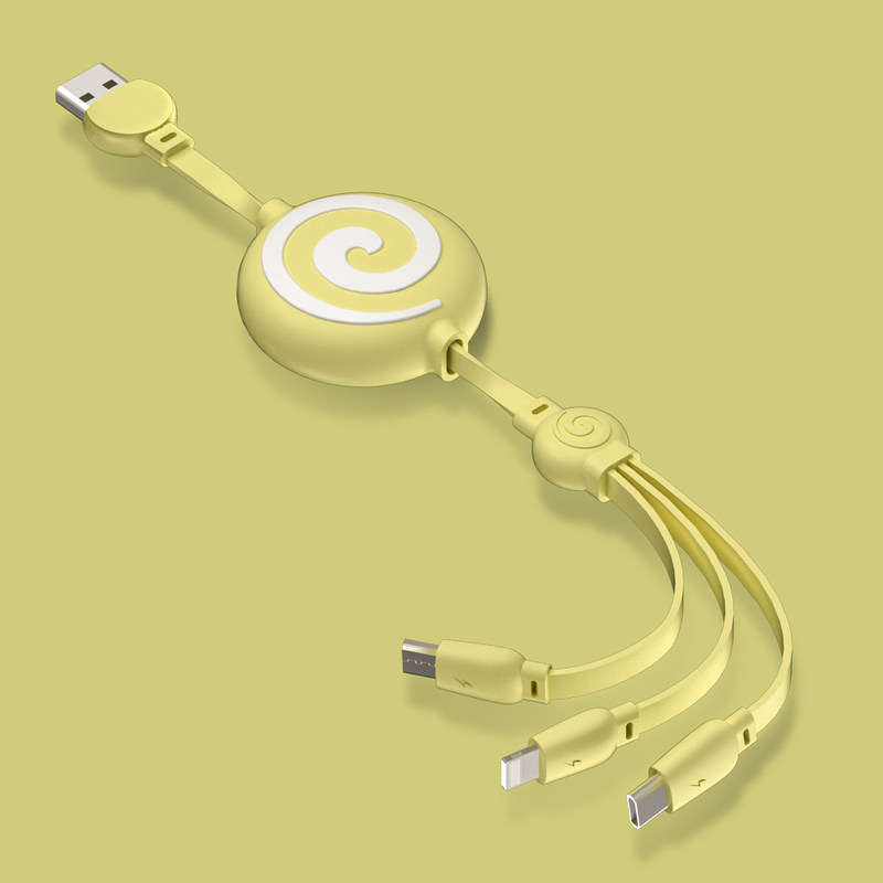 柠檬黄[3a快充☆提速60%]一拖三伸缩数据线棒棒糖款|多功能充电器type