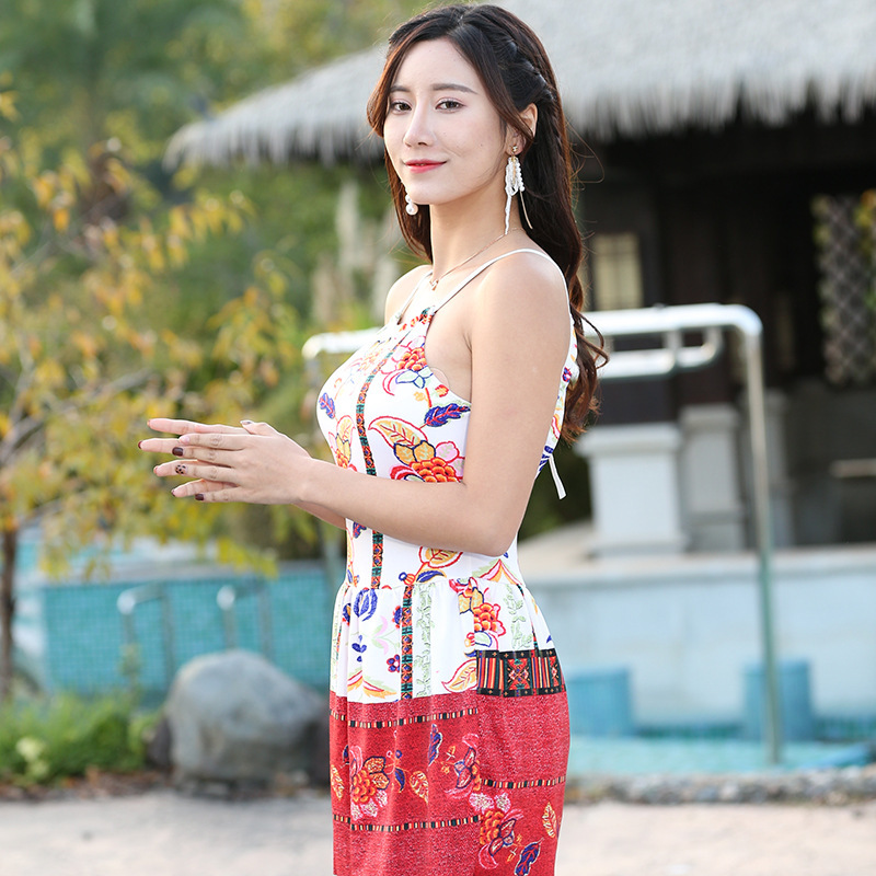 吊带连体游泳衣女露背印花带胸垫女士泳衣温泉泳装大人