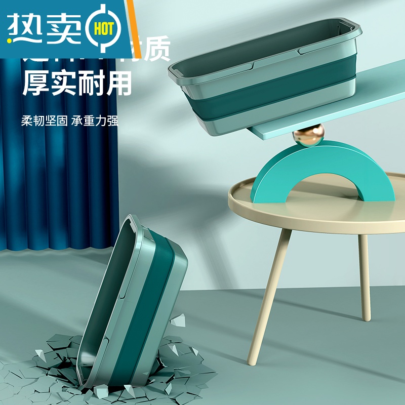 敬平可折叠洗拖把桶家用长方形拖地储水胶棉海绵布清洗挤水桶拖把单桶 升级加大双提手-可折叠内置支架-绿色+30片清洁片高清大图