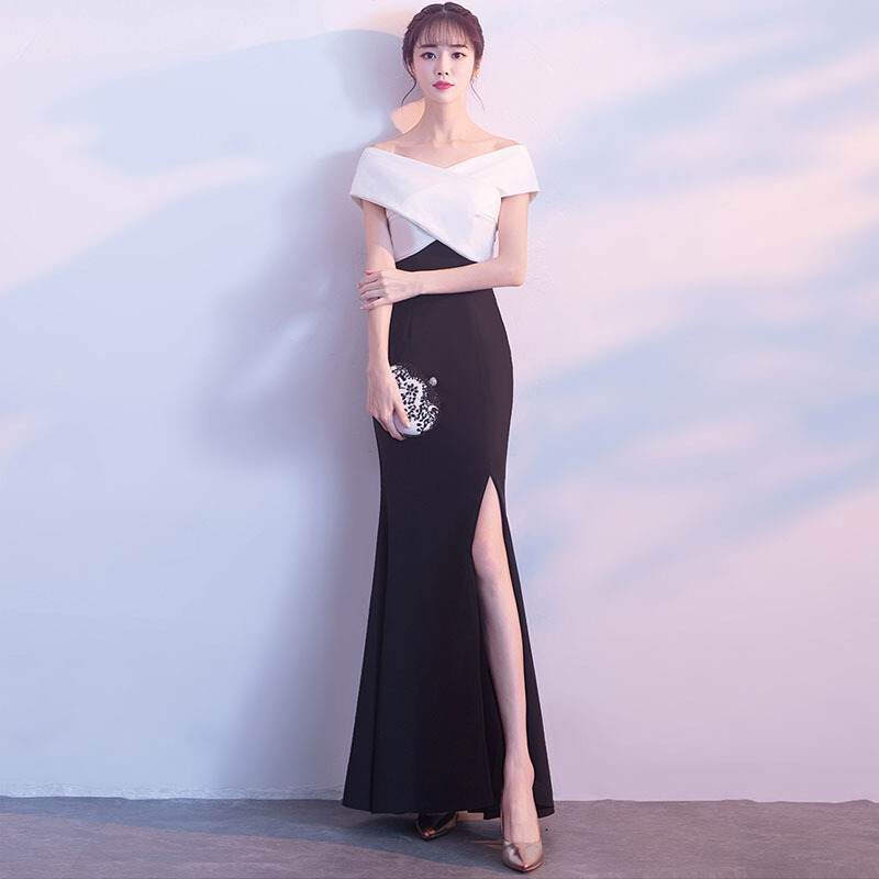 晚礼服女2018新款结婚伴娘长裙韩版显瘦新娘敬酒服聚会鱼尾连衣裙黑色均码