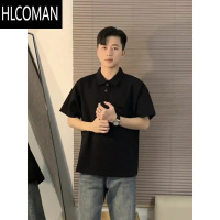 HLCOMAN纯黑色短袖男polo衫痞帅成熟稳重男装衬衫领t恤夏季五分半袖