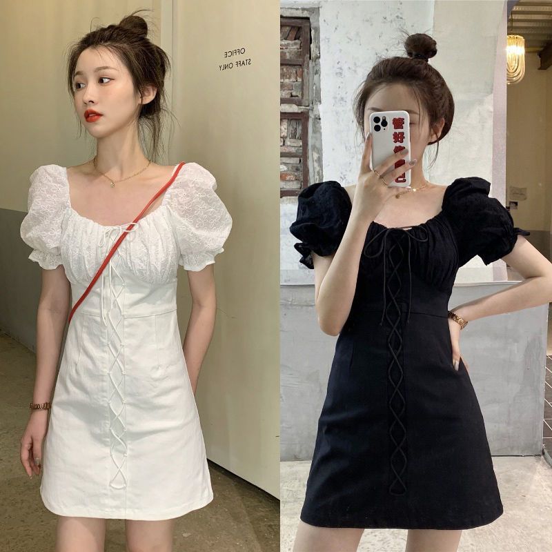 小个子设计感小众法式方肩白色方领泡泡袖气质连衣裙子女神范女夏威珺