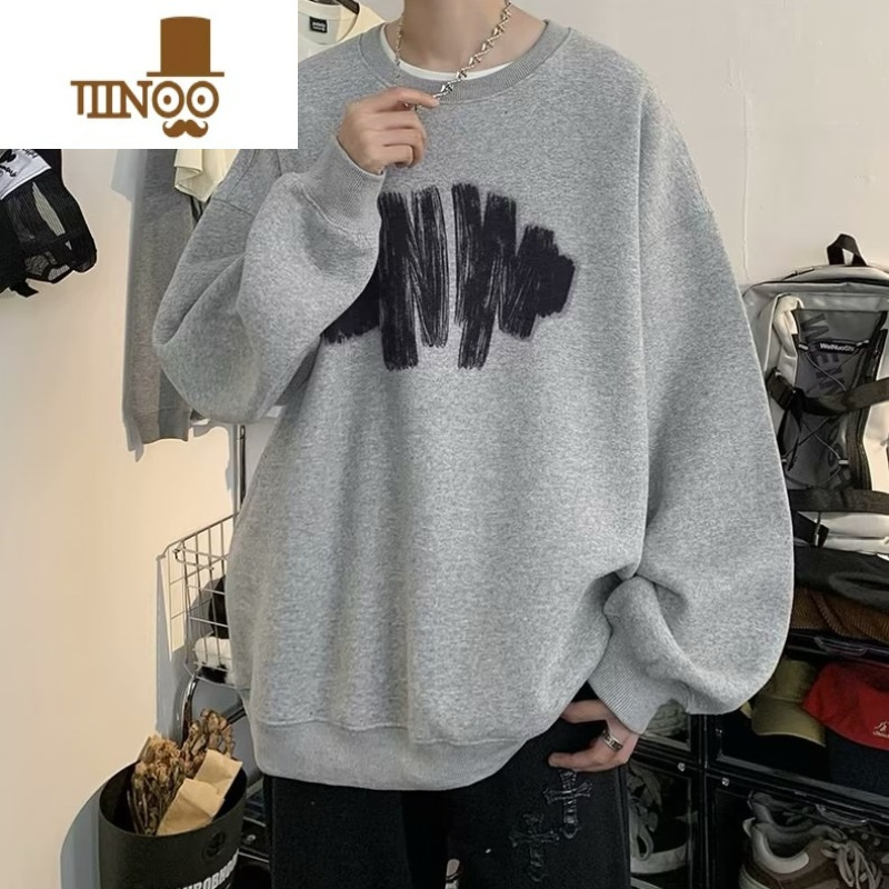 YANXU加绒加厚圆领卫衣男美式复古宽松大码外套套头上衣