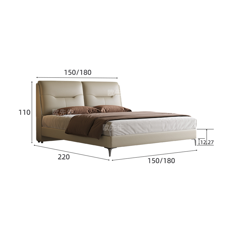 头层牛皮床主卧次卧双人大床实木真皮极简婚床 1.8*2.0米【9D静音钢木床板】 环保椰棕床垫-【偏硬睡感】