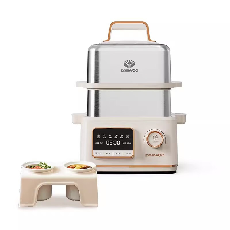 大宇(DAEWOO)不锈钢电蒸锅蒸炖一体多功能家用三层多层大容量蒸汽锅电蒸箱 DY-ZG02C-双层+双炖盅白色