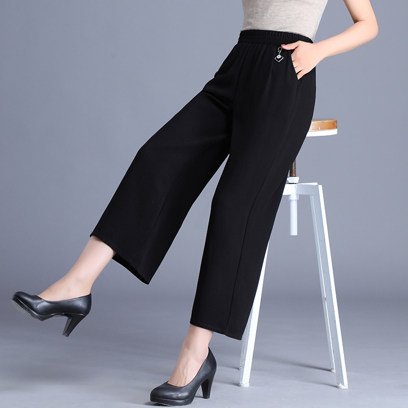 黑色l中老年阔腿裤女夏季薄款雪纺九分妈妈裤冰丝女裤中年女装夏天
